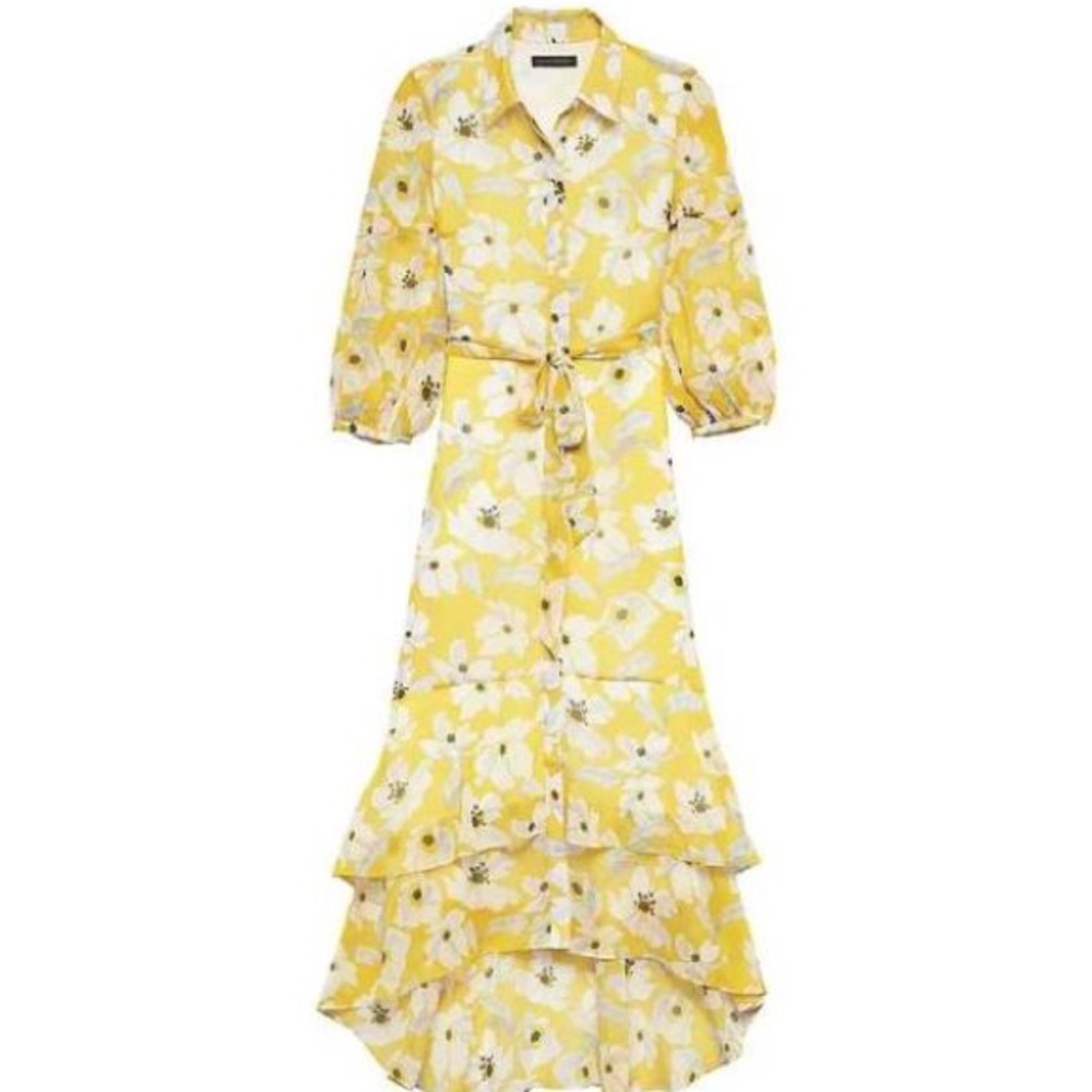 Banana Republic Yellow Floral Tiered Shirt Dress